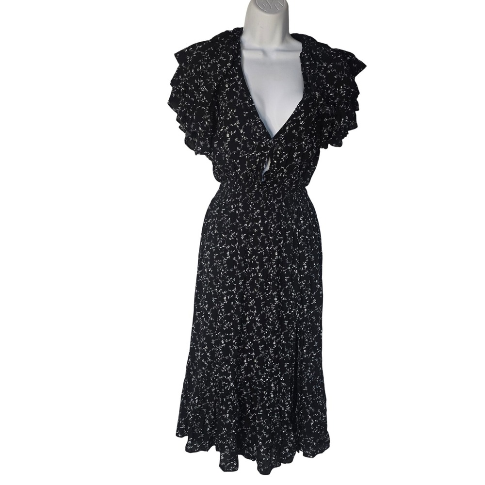 MINKPINK Floral Midi Dress Small Black White Ruffle‎ Sleeve Cottagecore Boho